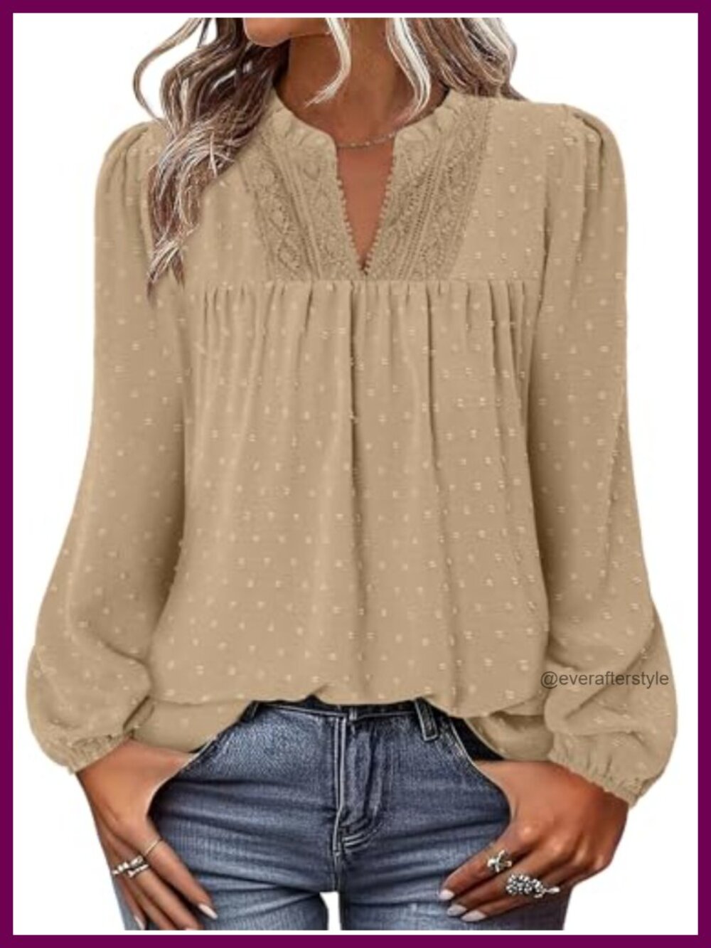 Women's Boho Swiss Dot V-Neck Long Sleeve Tunic Blouse Flowy Peasant Top